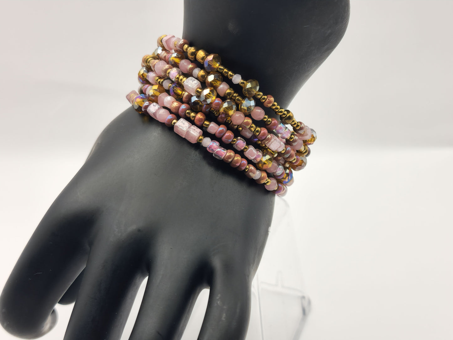 Golden with Pink Accent Glass and Seed Bead Bracelet