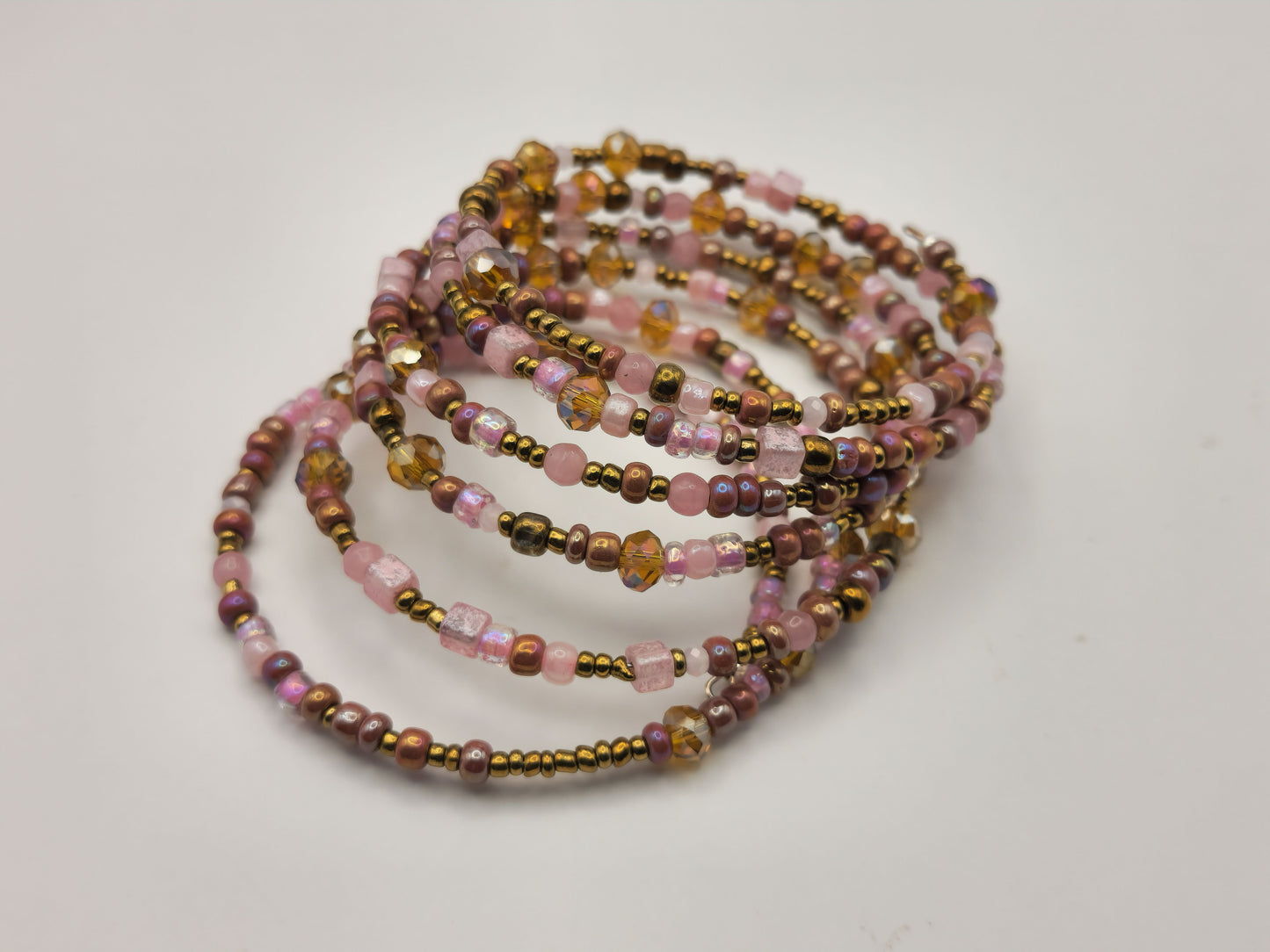 Golden with Pink Accent Glass and Seed Bead Bracelet