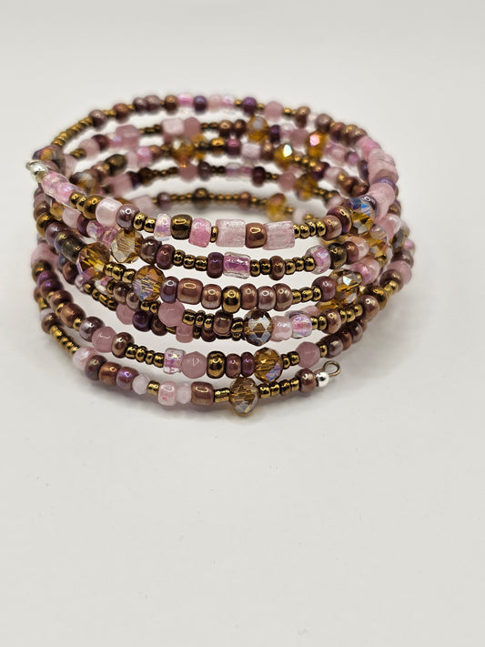 Golden with Pink Accent Glass and Seed Bead Bracelet