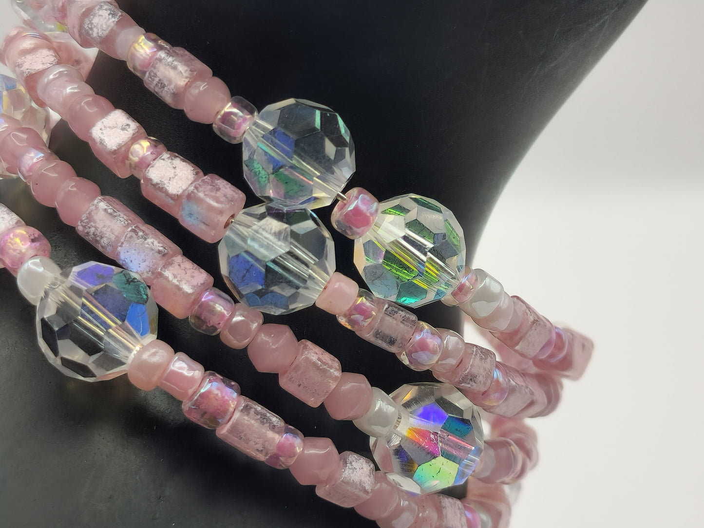 Glass AB Crystal and Pink Seed Bead Bracelet