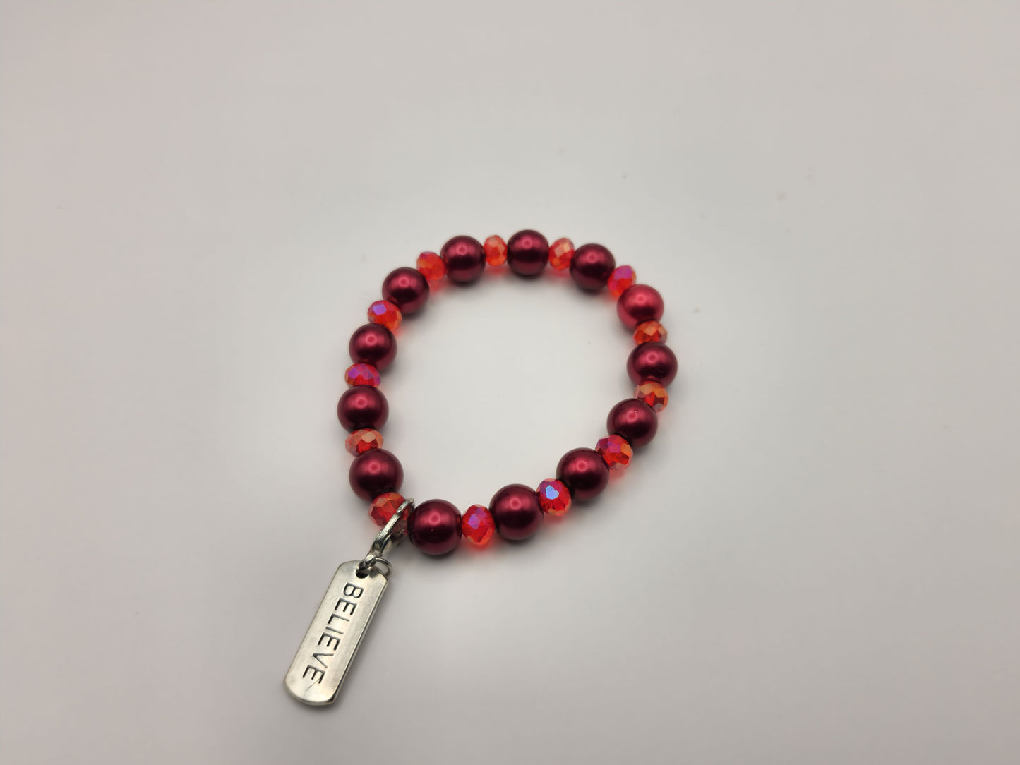 Red Faux Pearl and Red Glass Crystal Bead Bracelet