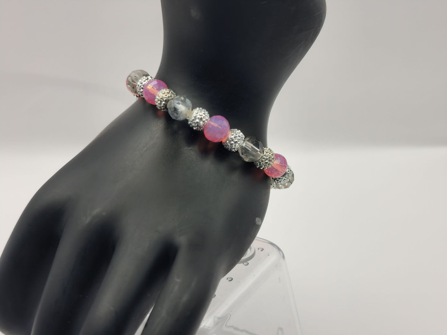 Pink and Grey Stretch Glass Bead Bracelet