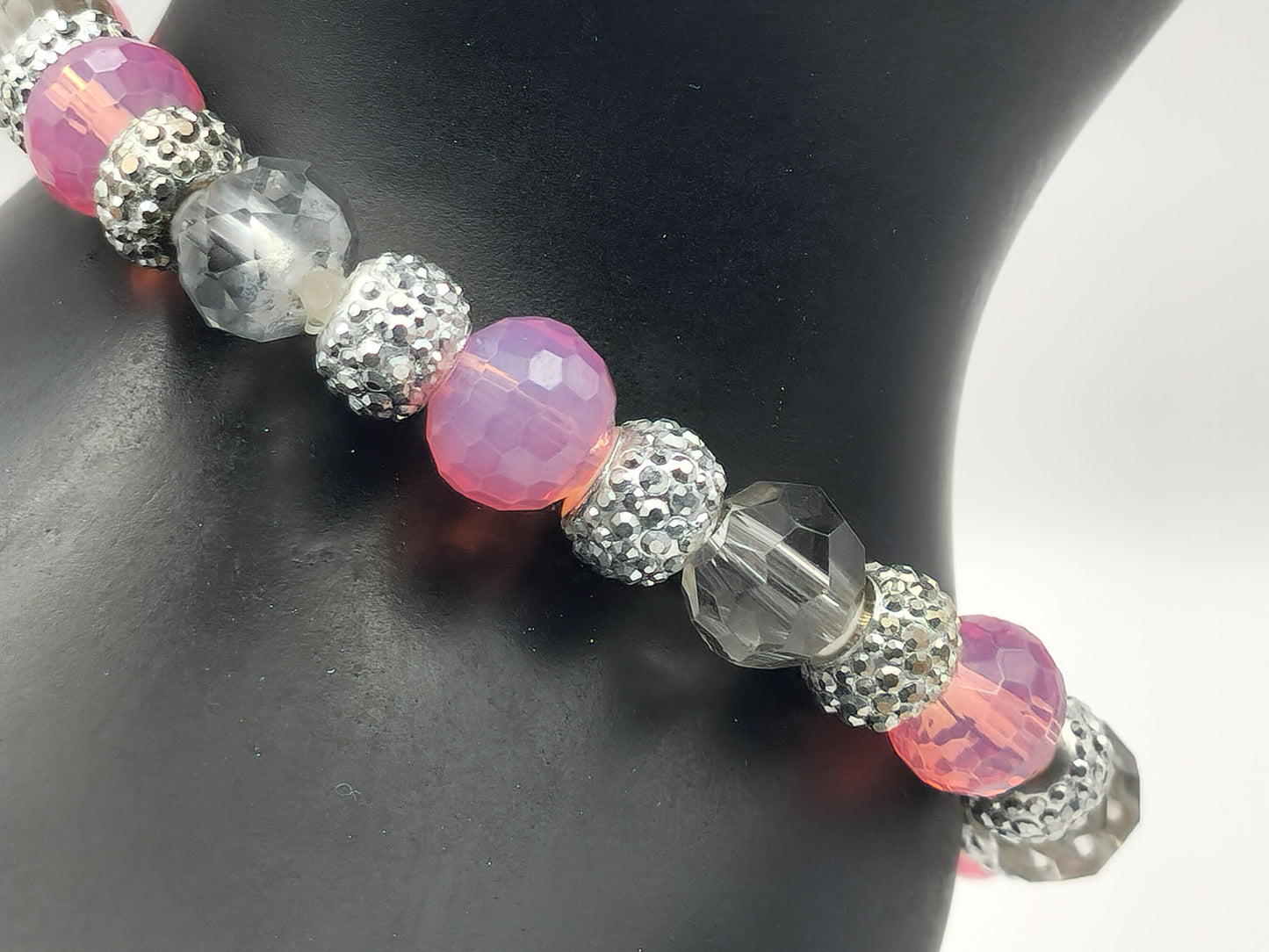 Pink and Grey Stretch Glass Bead Bracelet