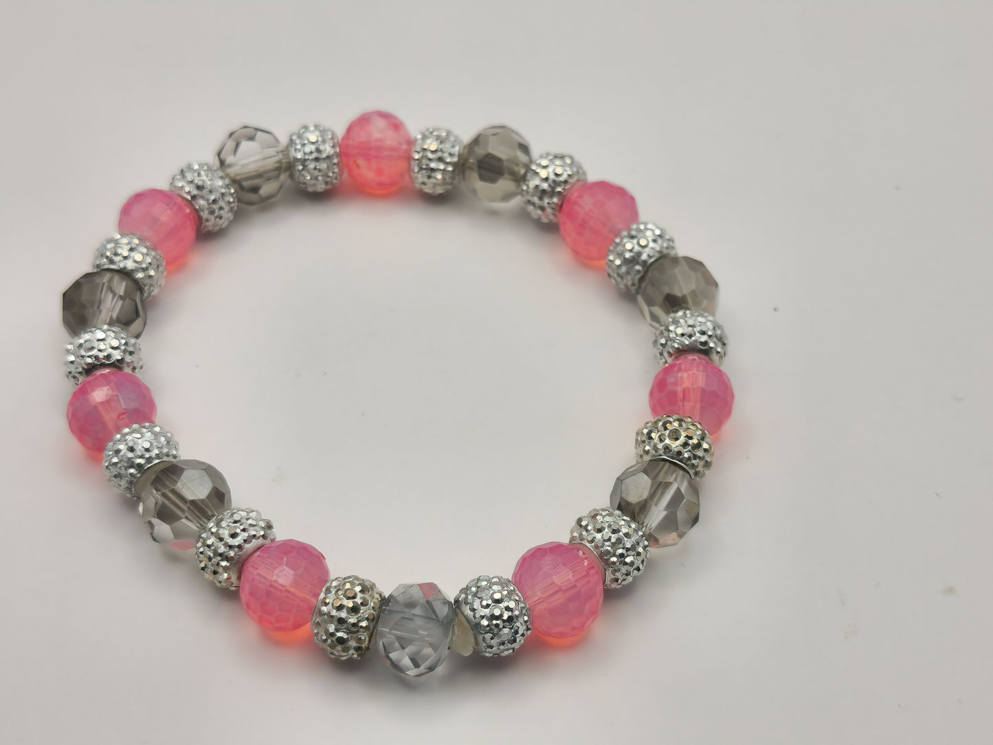 Pink and Grey Stretch Glass Bead Bracelet