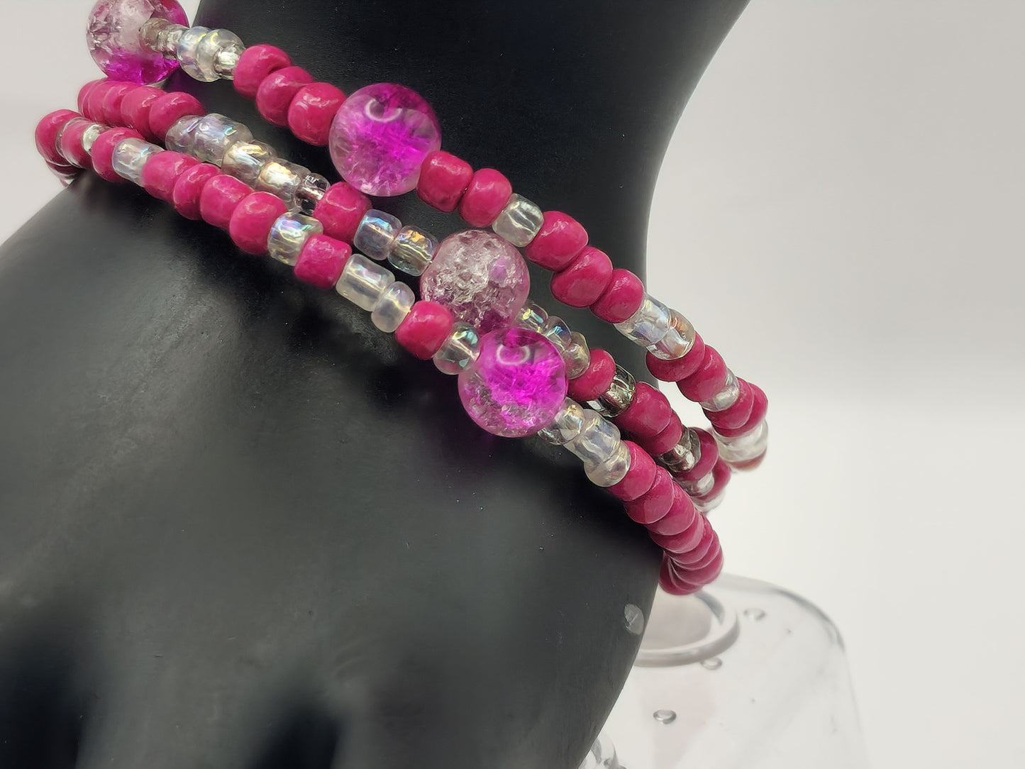 Pink Glass Crackle Bracelet Wraparound