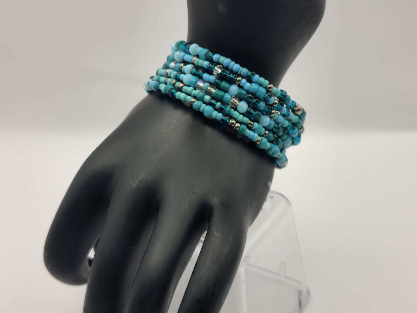 Blue Crystal Glass and Seed Bead Wrap-Around Bracelet