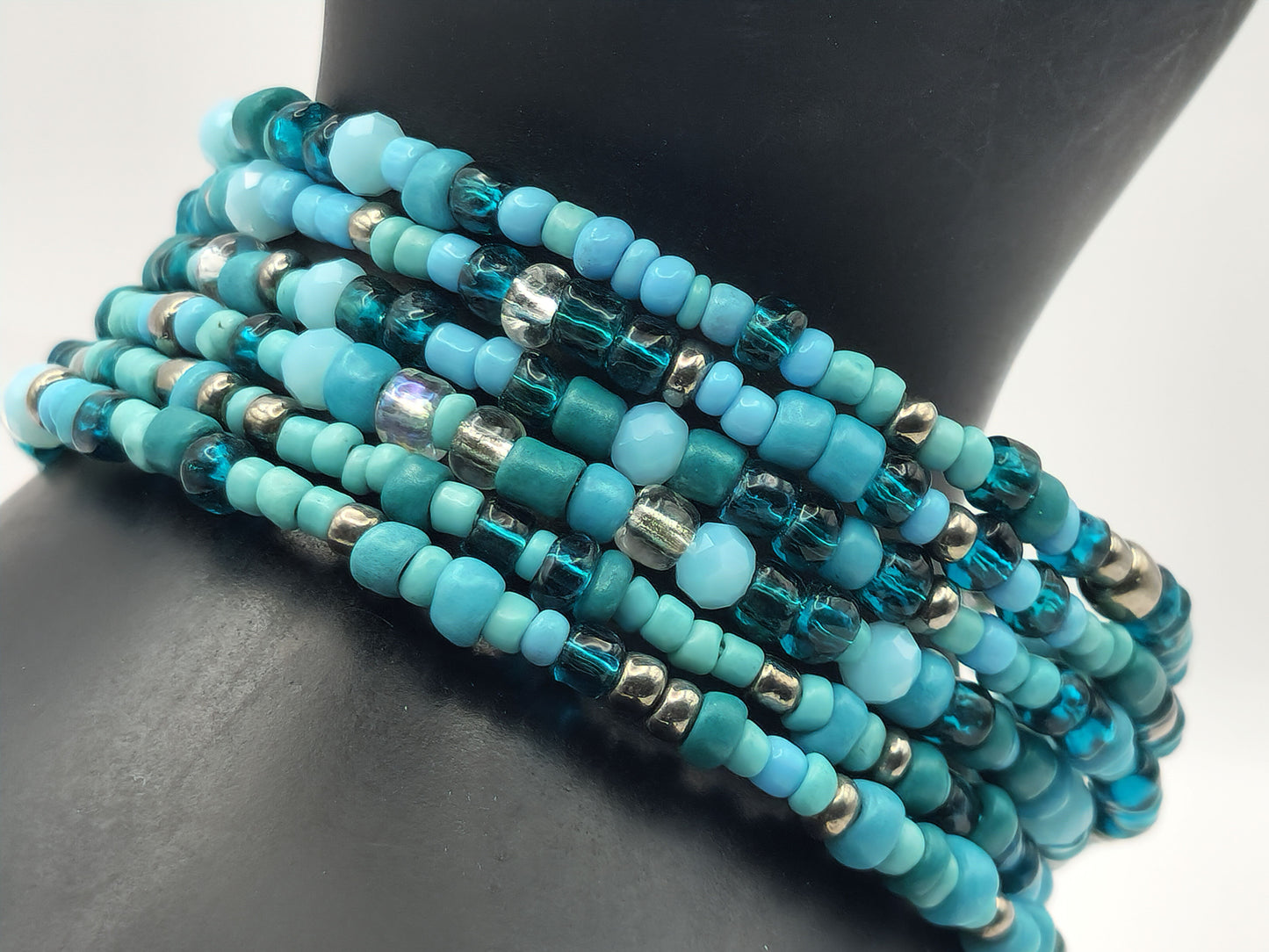 Blue Crystal Glass and Seed Bead Wrap-Around Bracelet