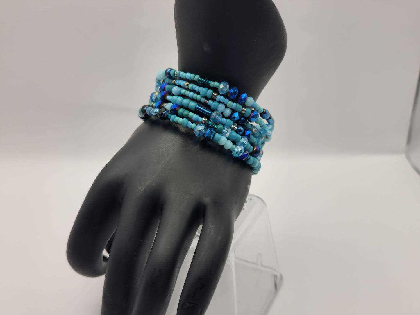 Blue Crystal Glass and Seed Bead Wrap-Around Bracelet