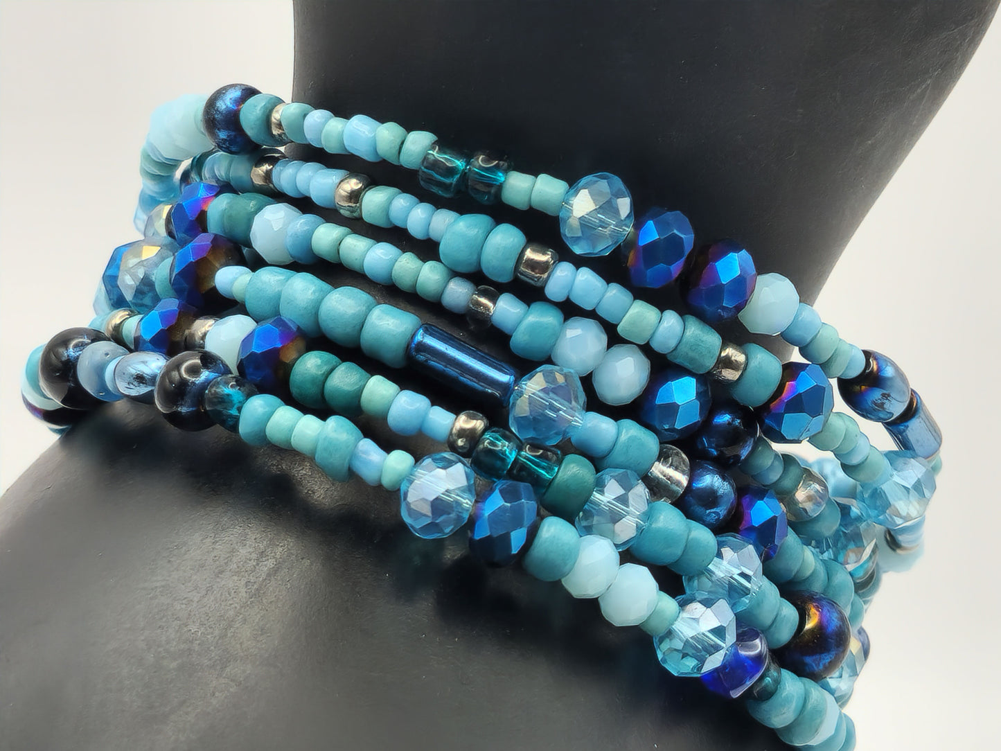 Blue Crystal Glass and Seed Bead Wrap-Around Bracelet