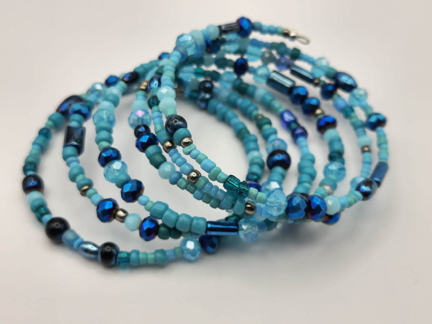 Blue Crystal Glass and Seed Bead Wrap-Around Bracelet